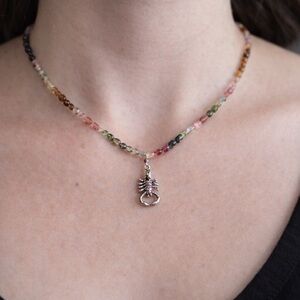 Tourmaline Gemstone Necklace, Sterling Silver Scorpion Pendant 16” custom made